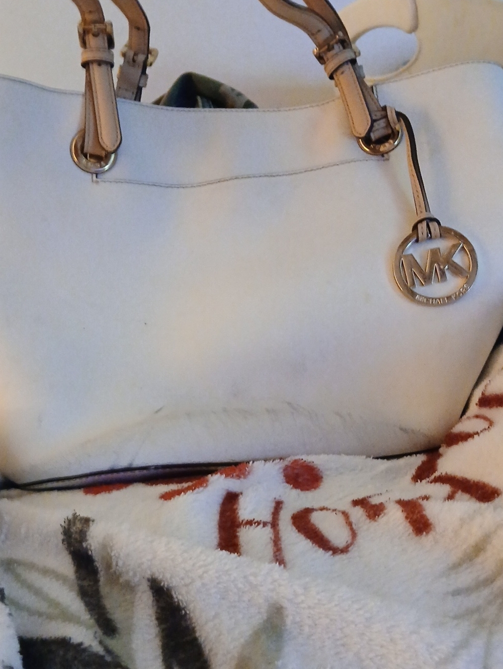 Michael Kors White Leather Tote with Tan Straps...littlte Wear N Tear On Strapes